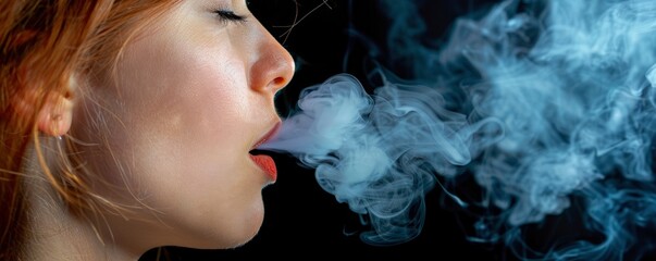 Girl lets out thick smoke from vape, side view, close up photo, professional photo