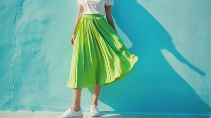 A woman in a vibrant lime green midi skirt paired with a white top and sneakers standing against a light blue textured wall with a shadow cast behind her.