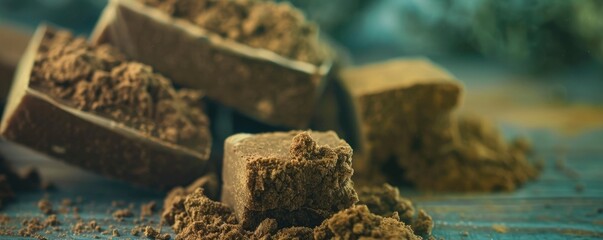 Hashish on the table with blurred background, close up photo, professional photo