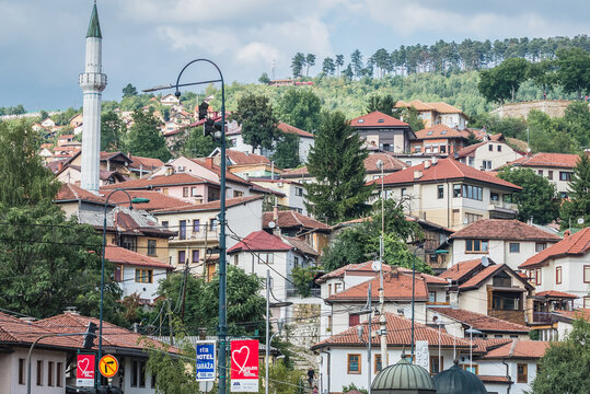 Sarajevo, Bosnia and Herzegovina - August 23, 2015: Houses in Kovaci area of Sarajevo city