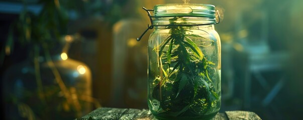 Lush cannabis in jar, close up photo, professional photo - obrazy, fototapety, plakaty