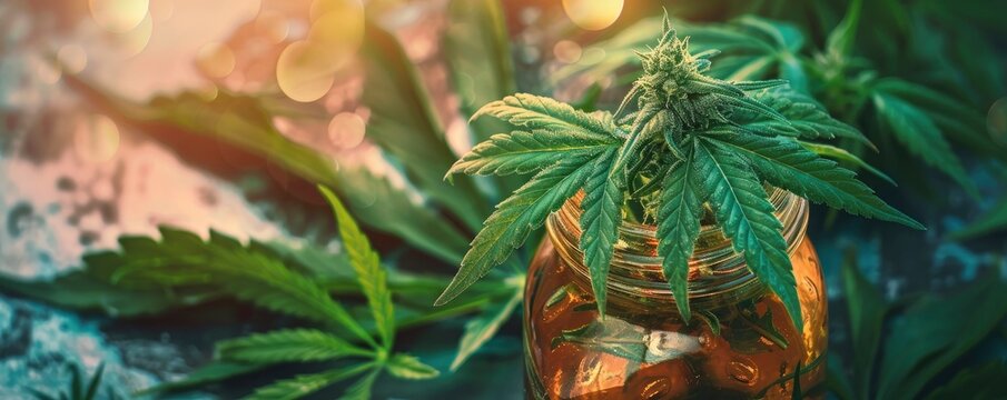 Lush cannabis in jar, close up photo, professional photo
