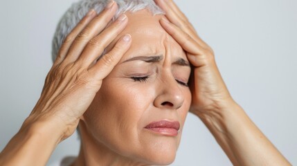 Naklejka premium A woman with short hair holding her head in her hands looking distressed with closed eyes.