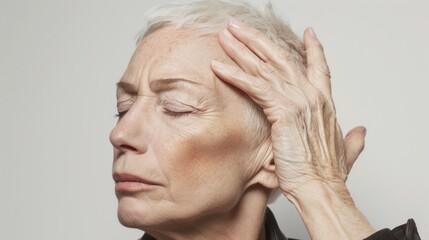 An elderly woman with closed eyes resting her hand on her forehead conveying a sense of contemplation or tiredness. - obrazy, fototapety, plakaty