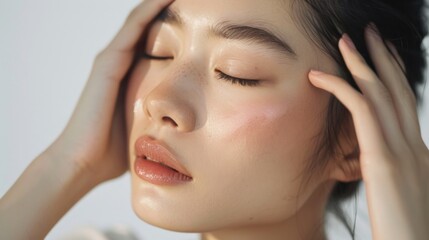 Naklejka premium A close-up image of a woman with closed eyes her hands gently resting on her cheeks showcasing a serene and peaceful expression.
