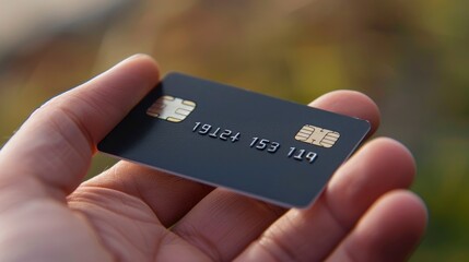 Payment card in hand, beautiful fingers, blurred background, close up photo, professional photo