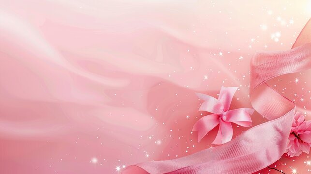 Pink ribbon breast cancer symbol on beautiful background, free space for text, banner