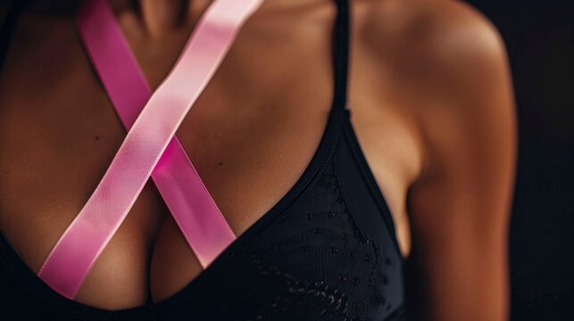 Pink ribbon breast cancer symbol on beautiful female dark bra, fitness body, copyspace, close up professional photo