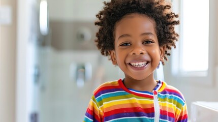 Smiling child with curly hair wearing colorful striped pajamas.