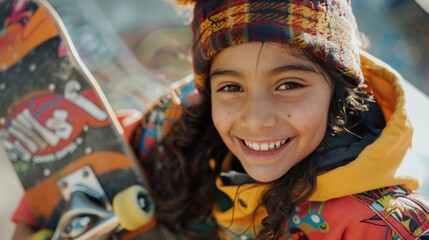 Fototapeta premium Young girl with a big smile wearing a colorful hat and a vibrant jacket holding a skateboard with a cheerful expression.