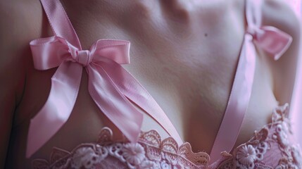 Pink ribbon symbol of breast cancer awareness month on beautiful female bra, pretty body, close up professional photo