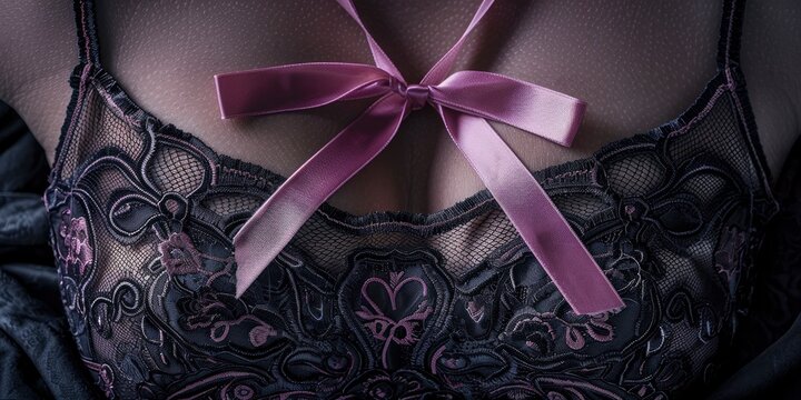 Pink ribbon symbol of breast cancer awareness month on beautiful exquisite lace dark colored female bra, professional studio photo