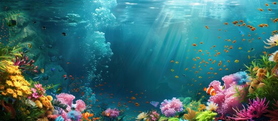 Beautiful deed tranquil undersea water scene with sun beams. AI generated image