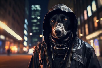 cool dog in black cyberpunk style outfit at night city with lights. Creative urban illustration for barbershop, grooming salon, cyber punk clothes second hand store.  - obrazy, fototapety, plakaty
