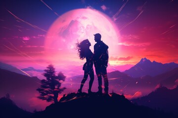 silhouette of couple at sunset in the mountains in pink purple neon color and holographic image of moon. Love and romantic relationships synthwave style. Party flyer template. - obrazy, fototapety, plakaty