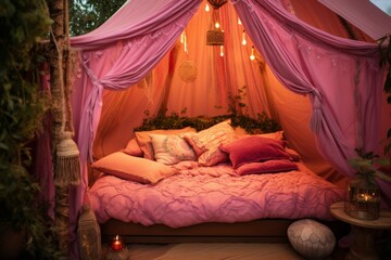 eco boho interior of spacious tent in pink color in glamping bed closeup. Tourist accommodation. Cozy place with pillows.
