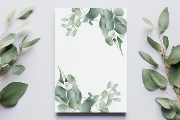 green eucalyptus wedding invitation template. Floral botanical watercolor illustration copy space center. Beauty salon, manicure, price list mock up. Painting class agenda.