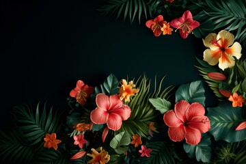 frame with tropical flowers and plants leaves copy space center dark green black background. Thai beauty, spa and massage place flyer template banner.	