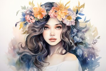 beautiful woman in  spring pastel floral wreath frame watercolor illustration. Springtime female beauty poster