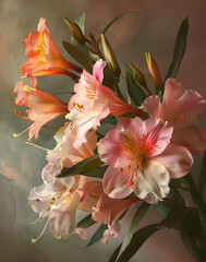 Beautiful bouquet of flowers in bright colors for studio and wall art, peony flowers and lilacs and roses