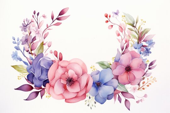 beautiful spring pastel floral wreath frame watercolor illustration. Wedding flowers or engagement party template copy space center. 