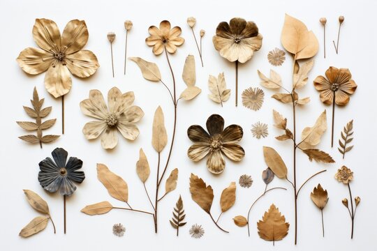 flowers imprinted in metal brass or bronze like herbarium isolated on white. Crafts and arts hobby. Crafting postcard. 