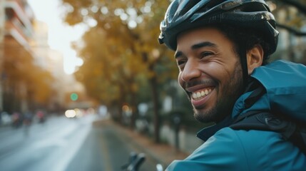 Happy man in helmet riding bicycle on city street.