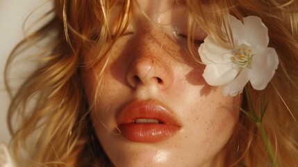 Naklejka premium A close-up of a person with freckles and red hair wearing red lipstick with a white flower resting on their closed eyes.