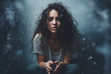 woman looking stressed and suffering from breakup, codependency, mental health issues and disorder. Relationships therapy illustration. Pain, depression and suffer.  - obrazy, fototapety, plakaty