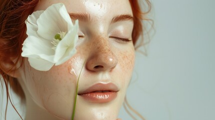 A close-up of a woman with closed eyes freckles and a single white flower resting on her eyelid with a soft ethereal aesthetic.