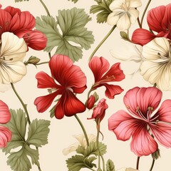 geranium botanical illustration seamless pattern. Textile, tablecloth fabric print. Vintage floral wallpaper.