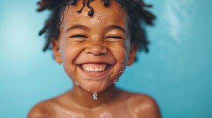 A joyful child with water droplets on their face smiling broadly with eyes closed against a blue background. - obrazy, fototapety, plakaty