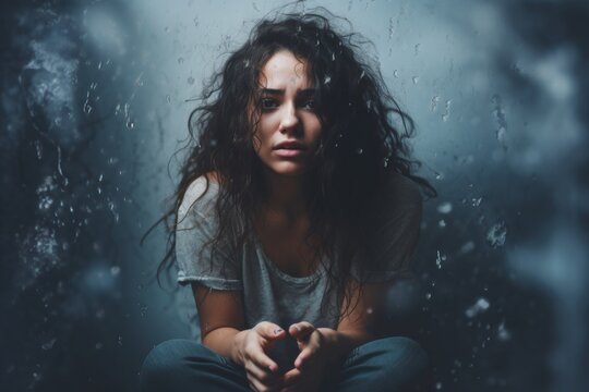 woman looking stressed and suffering from breakup, codependency, mental health issues and disorder. Relationships therapy illustration. Pain, depression and suffer. 
