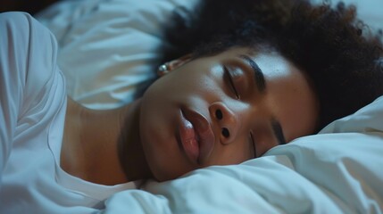 A young woman with curly hair peacefully sleeping on her side with her eyes closed wearing a white top and resting her head on a white pillow.