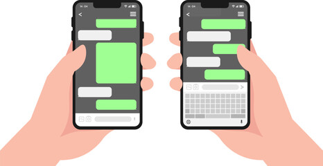 Left hand and right hand holding mobile chat screen flat design set isolated, Chat on smartphone screen. Hand holds smartphone, Instant messaging, texting messenger user interface concepts.