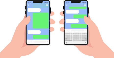 Chat bot dialoge windows on smartphone screen flat design set isolated, Chat on smartphone screen. Hand holds smartphone, Instant messaging, texting messenger ui concepts.