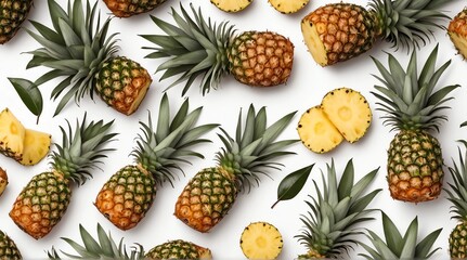 Fototapeta premium Pineapple on white background. Summer concept. Flat lay, top view, square
