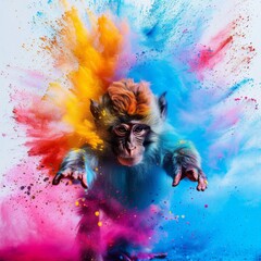 Marmoset throwing colored powder paint in air. Colorful gulal blowing up around monkey, splashes painted vibrant rainbow colors. Card, event, poster. Multicolored explosions of Holi Hindu festival - obrazy, fototapety, plakaty