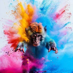 Meubelstickers Marmoset throwing colored powder paint in air. Colorful gulal blowing up around monkey, splashes painted vibrant rainbow colors. Card, event, poster. Multicolored explosions of Holi Hindu festival © Olena