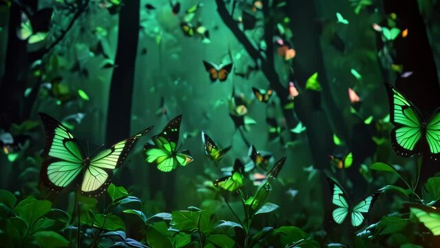 St. Patrick's Day video animation, magical scene in a dark forest illuminated by the ethereal glow of numerous butterflies. The butterflies, in various shades of green and orange, flutter amidst the l