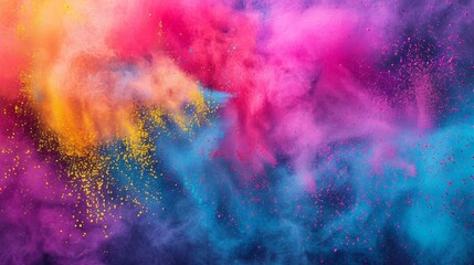Colorful festival background. Abstract powder blowing up, rainbow paint explosion, vibrant dust explode. Design, templet for color Holi of India celebration greetings. Card, event, poster, flyer - obrazy, fototapety, plakaty