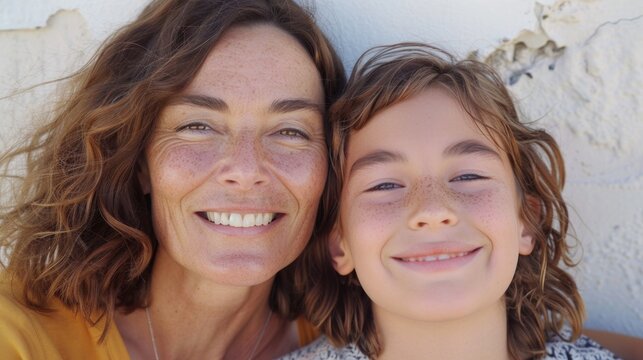 A warm-toned photograph of a smiling woman and child with freckles sharing a joyful moment against a textured white wall.