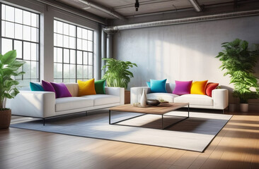 airy and spacious living room or lounge, big windows, fresh plants, stylish design