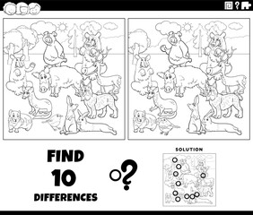 differences activity with cartoon wild animals group coloring page