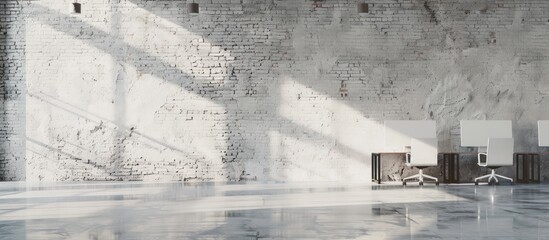 Modern bright open space office interior design white brick with a concrete floor. AI generated