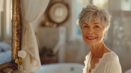 A smiling elderly woman with short gray hair wearing a white blouse standing in a brightly lit room with a large mirror and a clock on the wall.