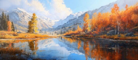Fototapeta premium Serenity of Nature: Painting of a Majestic Mountain River with Lush Trees in the Background