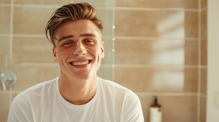 Smiling young man with short hair wearing a white t-shirt standing in a bathroom with beige tiles and a bottle of shampoo in the background. - obrazy, fototapety, plakaty