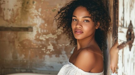 Fototapeta premium A woman with curly hair and a white top posing against a rustic wall with peeling paint.
