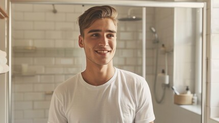 Obraz premium Young man in white shirt smiling in bathroom.